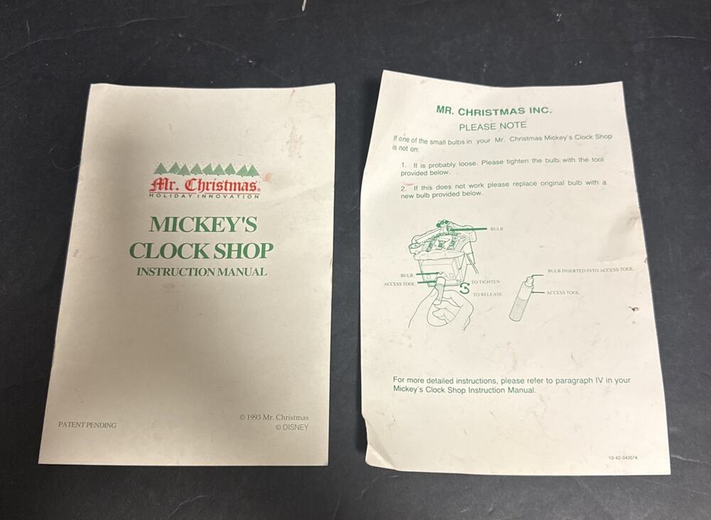 Mr. Christmas Mickey's Clock Shop Instruction Manual Vintage 1993